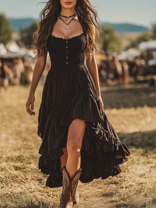 Zwarte Bohemian Maxi | Gesmokt met Ruches