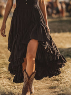 Zwarte Bohemian Maxi | Gesmokt met Ruches