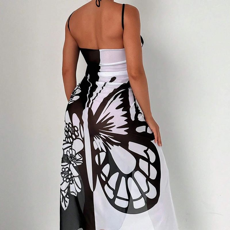 Robe de plage avec imprimé papillon et col en V pour femmes
