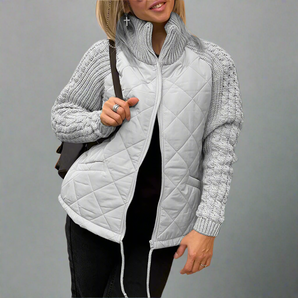Dames Gewatteerde Jas |Jacket met Gebreide Mouwen en Hoge Kraag