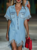 Robe décontractée pour dames en denim avec manches courtes et franges