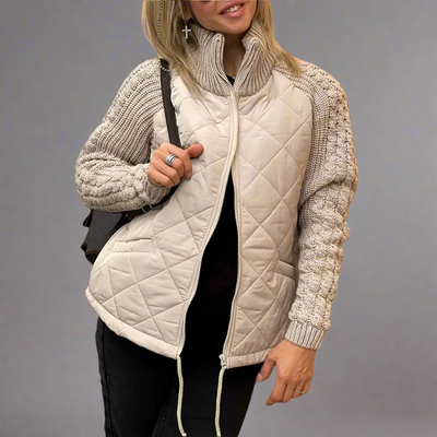 Dames Gewatteerde Jas |Jacket met Gebreide Mouwen en Hoge Kraag