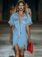 Robe décontractée pour dames en denim avec manches courtes et franges