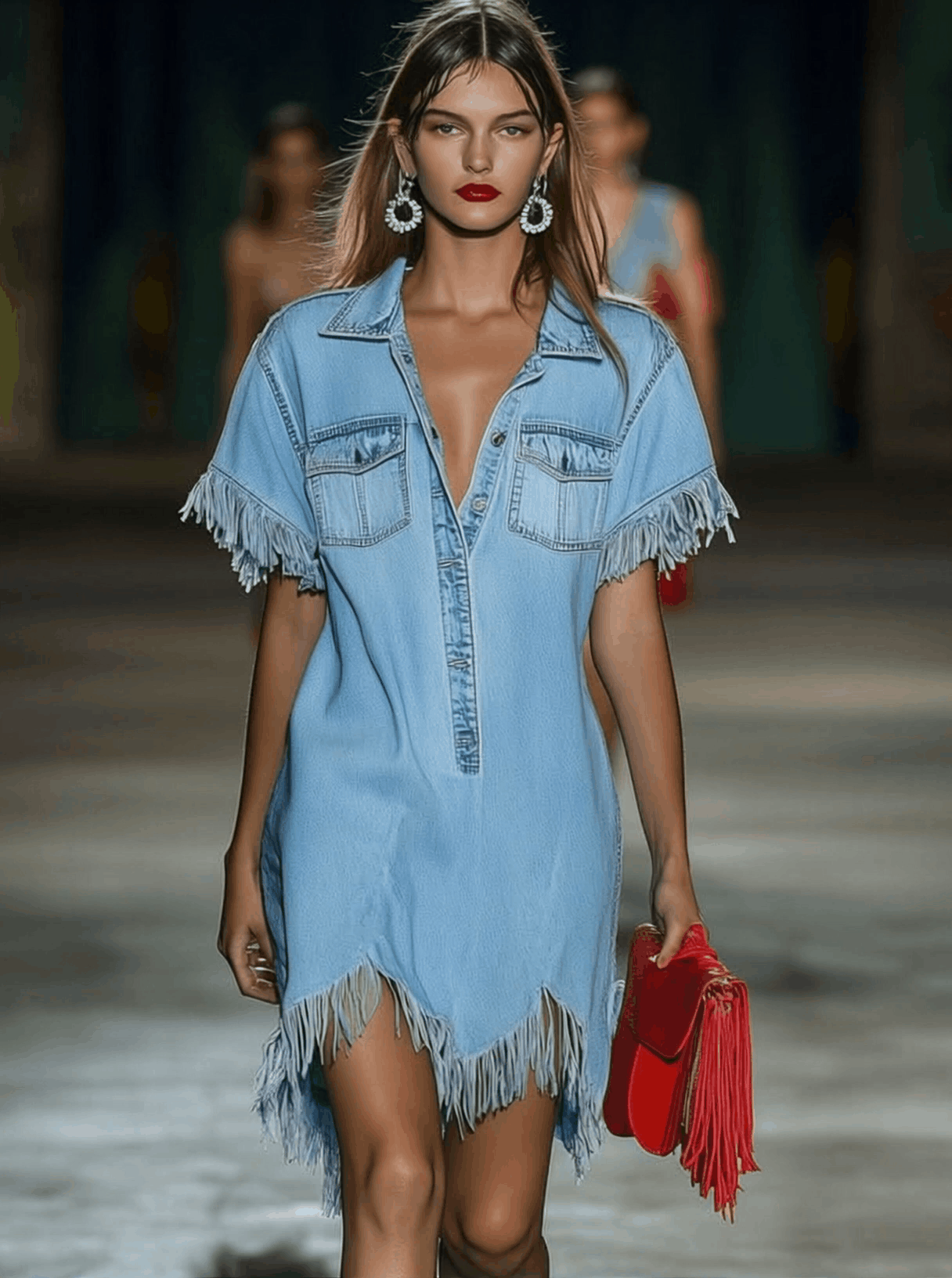 Casual damesjurk van denim met korte mouwen en franjes