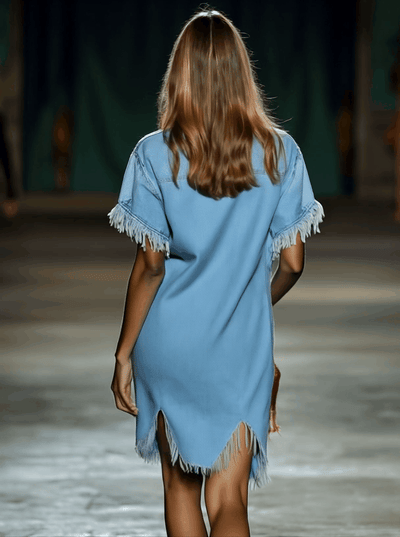 Casual damesjurk van denim met korte mouwen en franjes