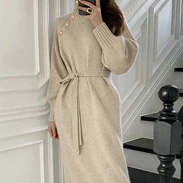 Sukienka damska dzianinowa | Elegancka sukienka swetrowa z paskiem w talii