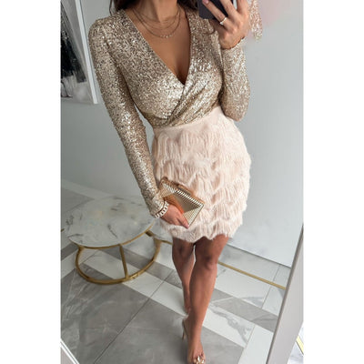 Dames Feestjurk | Chique Glitterjurk met Veren Detail en V-Hals