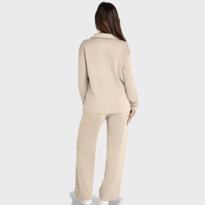 Dames Loungewear Set | Comfortabele Tweedelige Outfit met Kraag en Wijde Broek