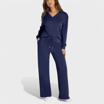 Dames Loungewear Set | Comfortabele Tweedelige Outfit met Kraag en Wijde Broek