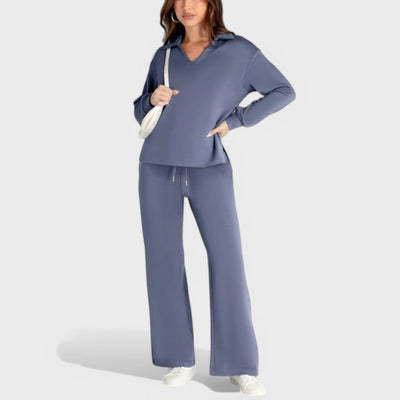 Dames Loungewear Set | Comfortabele Tweedelige Outfit met Kraag en Wijde Broek