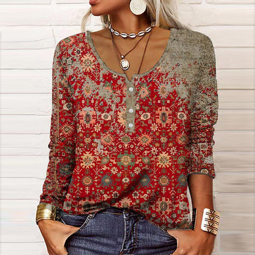 Anna - Dames Boho Bloemen Knopen Shirt met Lange Mouwen