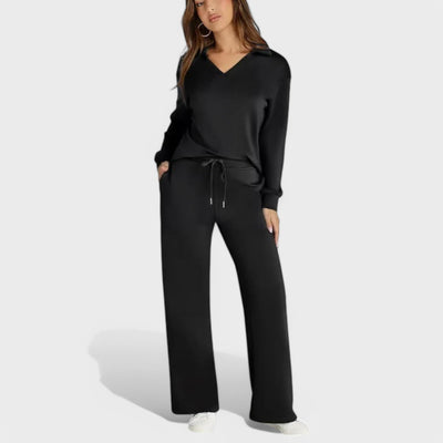 Dames Loungewear Set | Comfortabele Tweedelige Outfit met Kraag en Wijde Broek