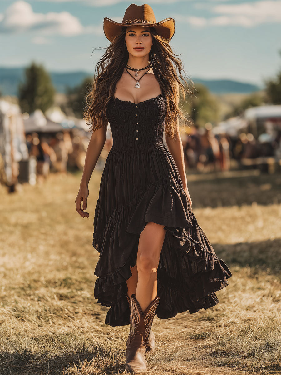 Zwarte Bohemian Maxi | Gesmokt met Ruches