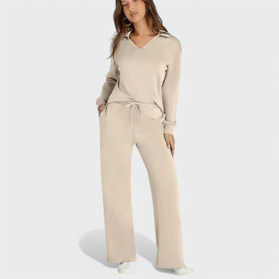 Dames Loungewear Set | Comfortabele Tweedelige Outfit met Kraag en Wijde Broek