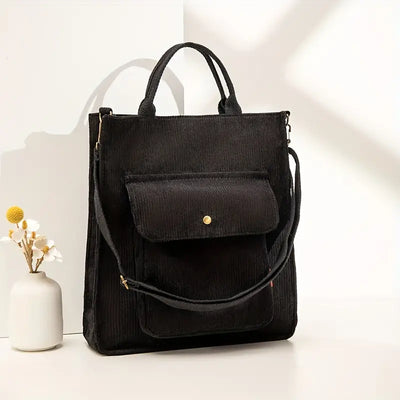 Dames Ribstof Schoudertas | Casual Tote Bag met Vakje Voorop