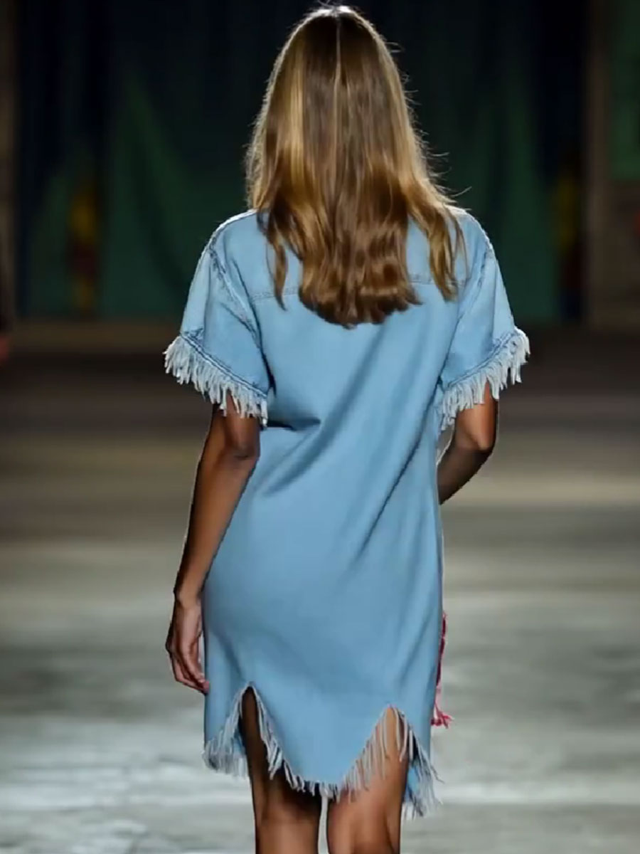 Robe décontractée pour dames en denim avec manches courtes et franges