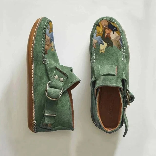 Chaussures à enfiler pour dames | Chaussures artistiques avec imprimé de chats et détail boucle