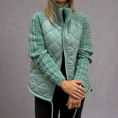 Dames Gewatteerde Jas |Jacket met Gebreide Mouwen en Hoge Kraag