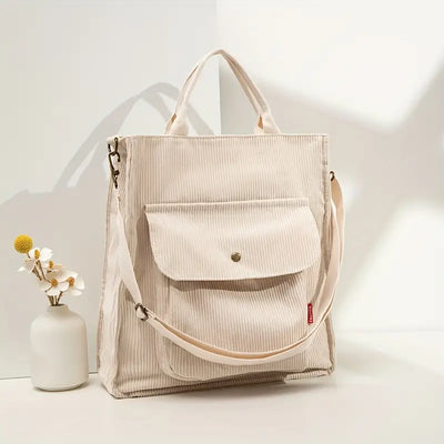 Dames Ribstof Schoudertas | Casual Tote Bag met Vakje Voorop