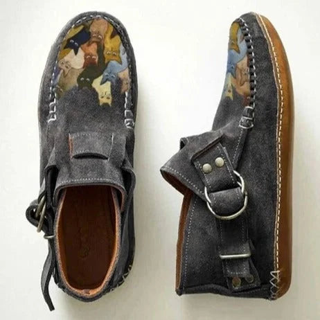 Dames Instapschoenen | Artistieke Schoenen met Kattenprint en Gespdetail