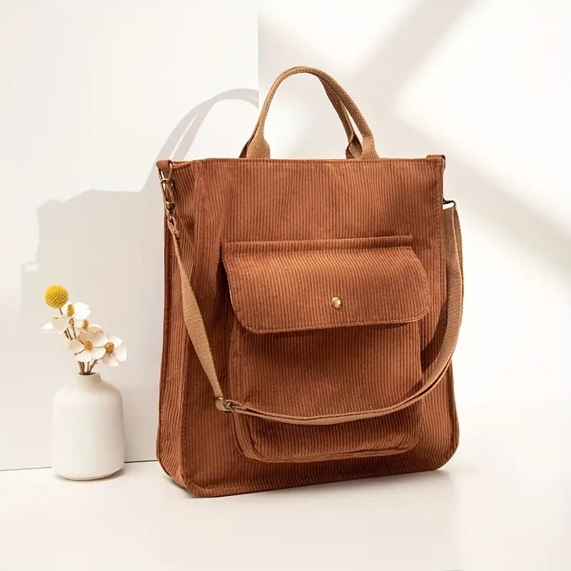 Dames Ribstof Schoudertas | Casual Tote Bag met Vakje Voorop