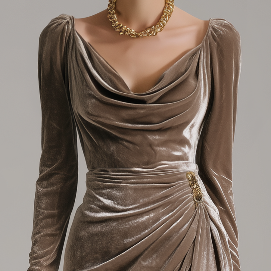 Dames Avondjurk | Fluwelen Jurk met Drapé en Knopen