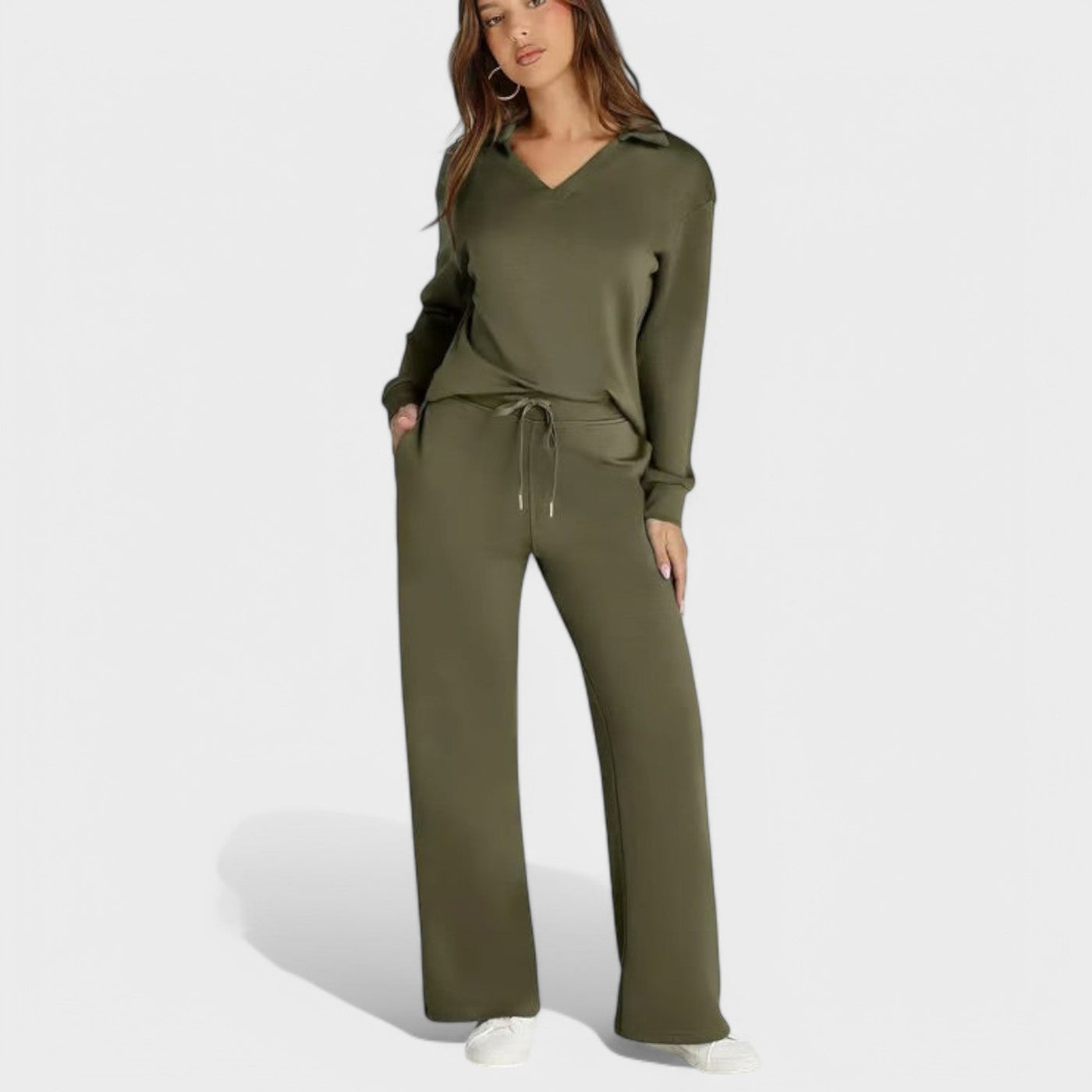 Dames Loungewear Set | Comfortabele Tweedelige Outfit met Kraag en Wijde Broek