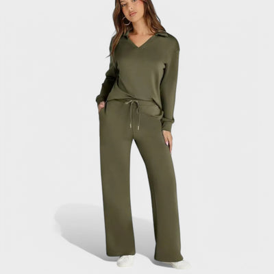 Dames Loungewear Set | Comfortabele Tweedelige Outfit met Kraag en Wijde Broek