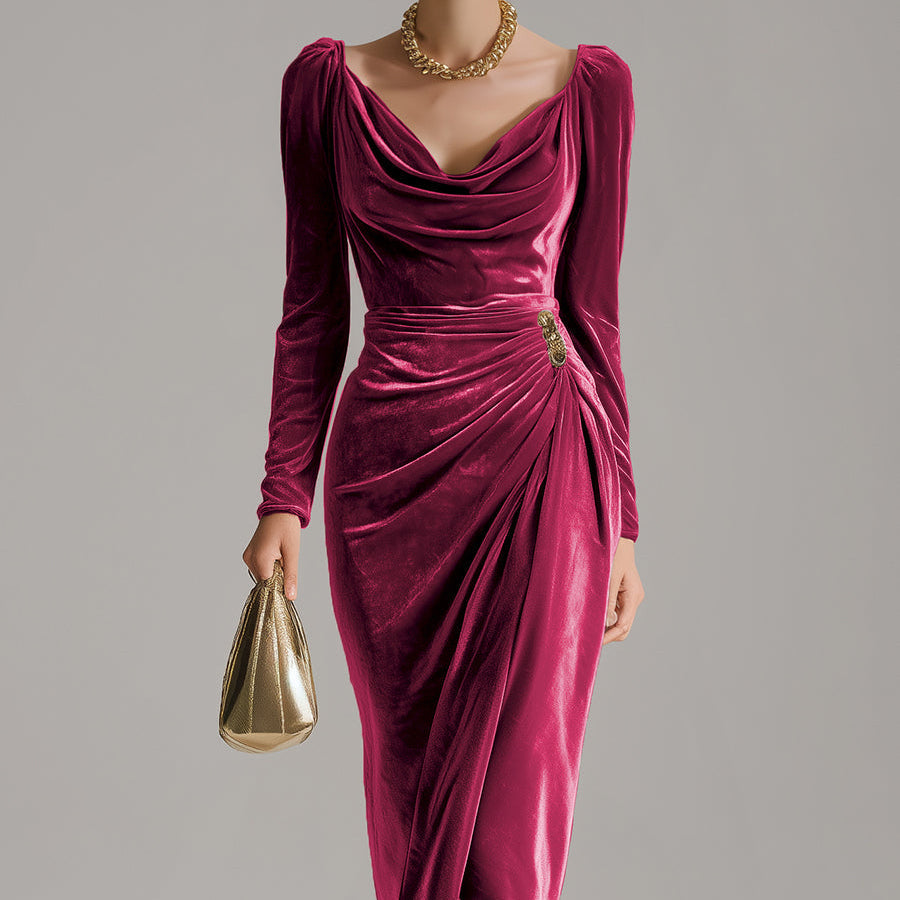 Dames Avondjurk | Fluwelen Jurk met Drapé en Knopen