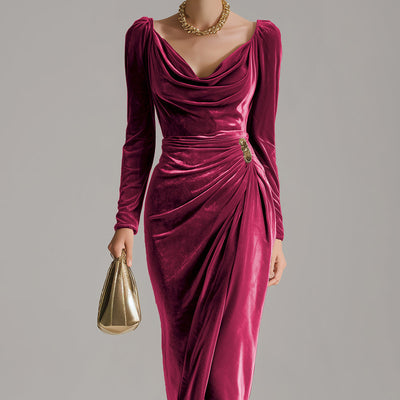 Dames Avondjurk | Fluwelen Jurk met Drapé en Knopen