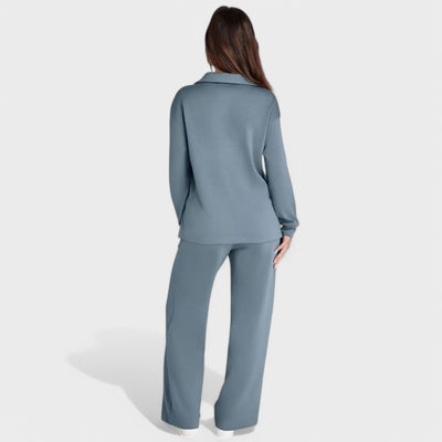 Dames Loungewear Set | Comfortabele Tweedelige Outfit met Kraag en Wijde Broek