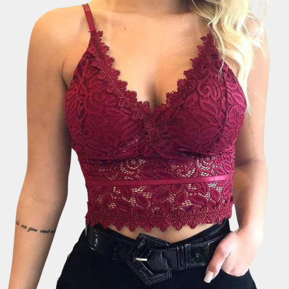Top en dentelle fleurie à manches courtes pour femmes
