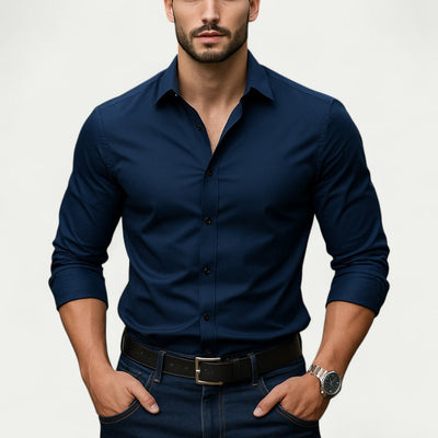 Heren slim-fit stretch overhemd met lange mouwen
