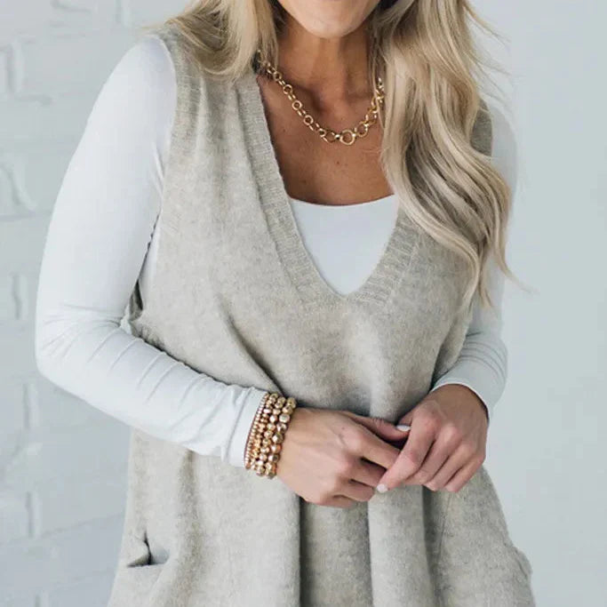 Sukienka swetrowa damska | Bezrękawnik dzianinowa sukienka z dekoltem w serek