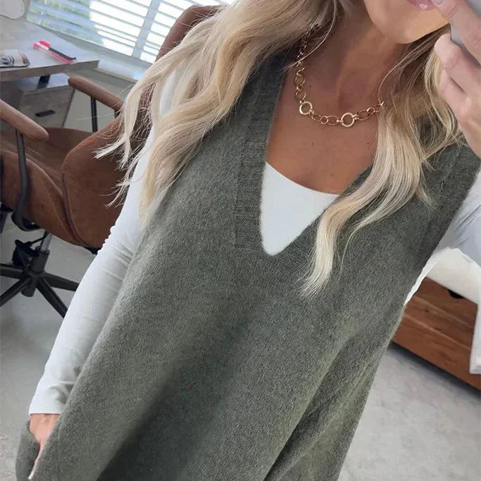 Sukienka swetrowa damska | Bezrękawnik dzianinowa sukienka z dekoltem w serek