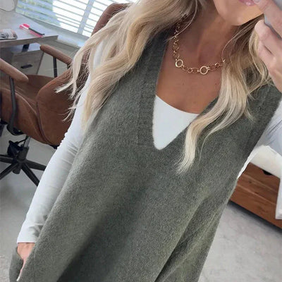 Sukienka swetrowa damska | Bezrękawnik dzianinowa sukienka z dekoltem w serek