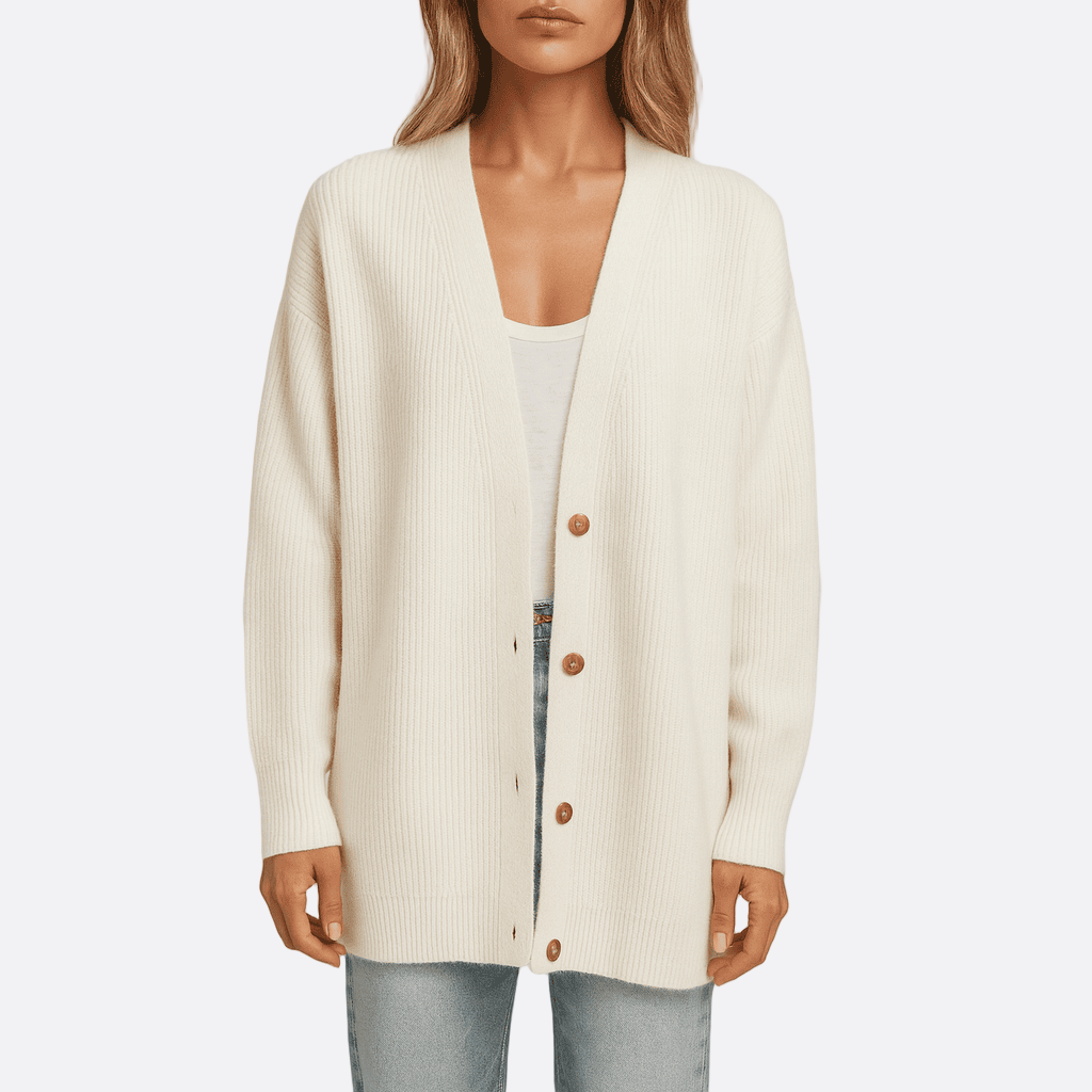 Gilet pour dames | Cardigan tricoté couleur crème avec col en V et boutons marron