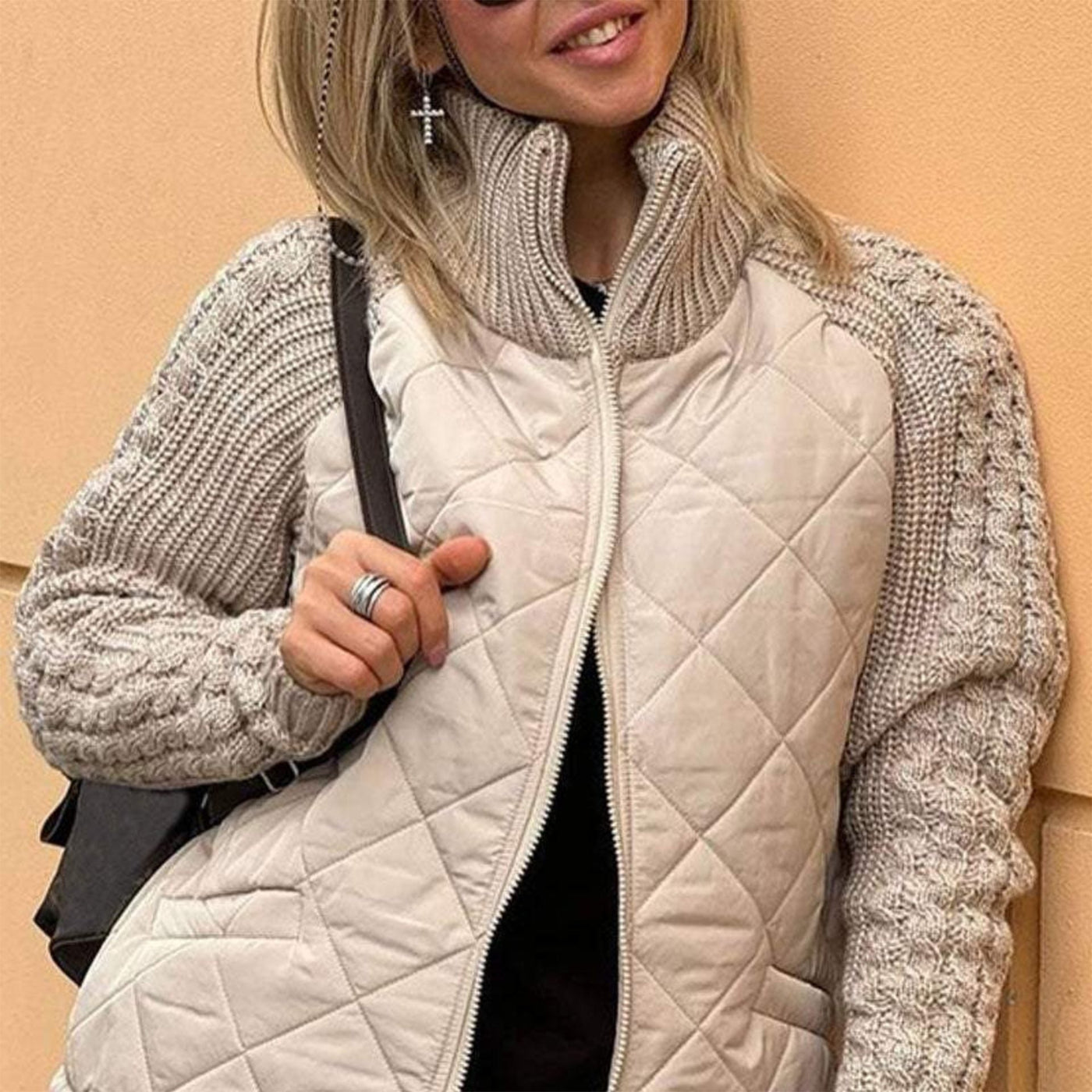 Dames Gewatteerde Jas | Modieuze Jas met Gebreide Mouwen