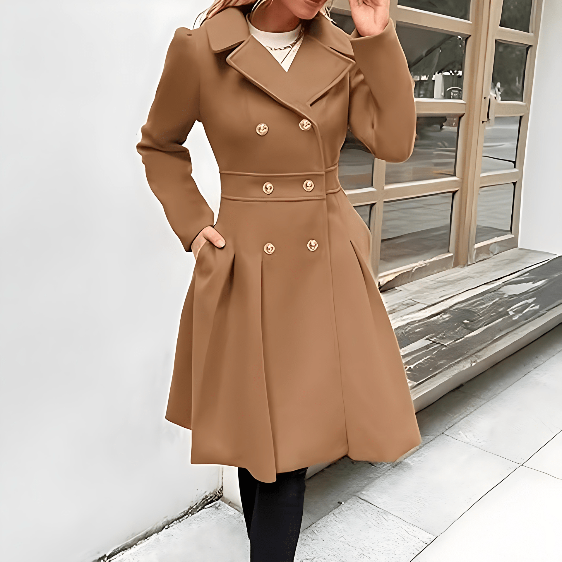 Trench-coat pour dames | Manteau à double carreaux avec boutons dorés