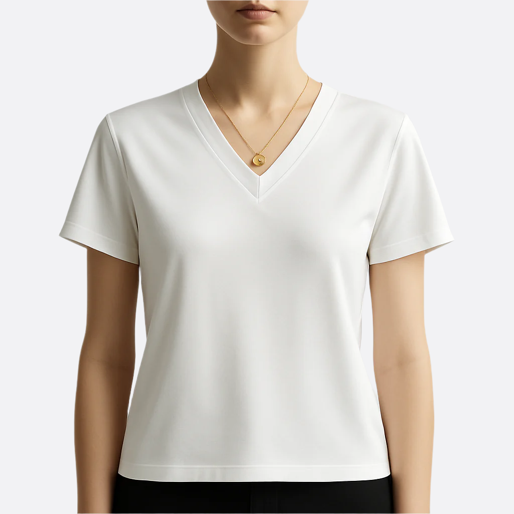 Damska koszulka z dekoltem w serek, z krótkim rękawem i czystym wzorem