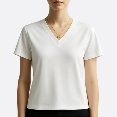 Damska koszulka z dekoltem w serek, z krótkim rękawem i czystym wzorem