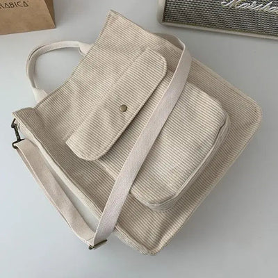 Dames Ribstof Schoudertas | Casual Tote Bag met Vakje Voorop