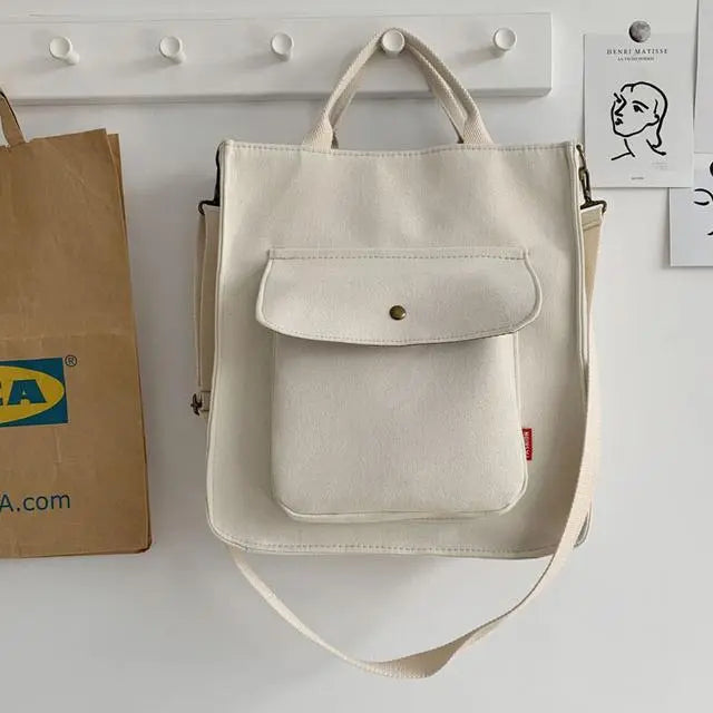 Dames Ribstof Schoudertas | Casual Tote Bag met Vakje Voorop