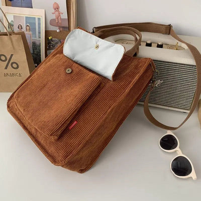 Dames Ribstof Schoudertas | Casual Tote Bag met Vakje Voorop