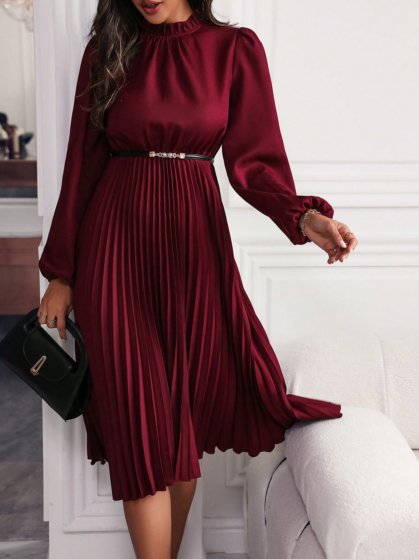 Dames Plissé Midi Jurk Met Riem | Elegante Feestjurk
