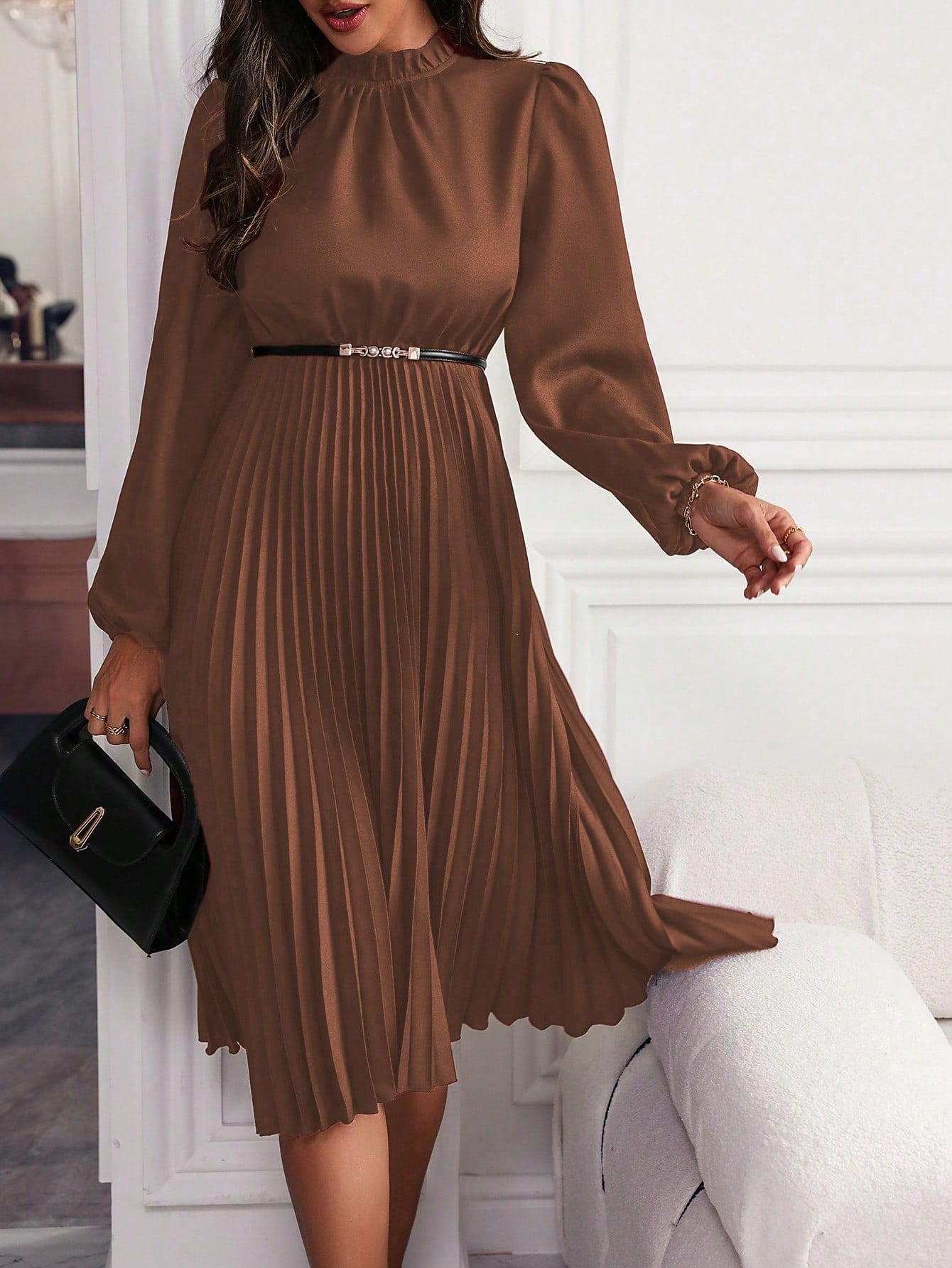 Dames Plissé Midi Jurk Met Riem | Elegante Feestjurk