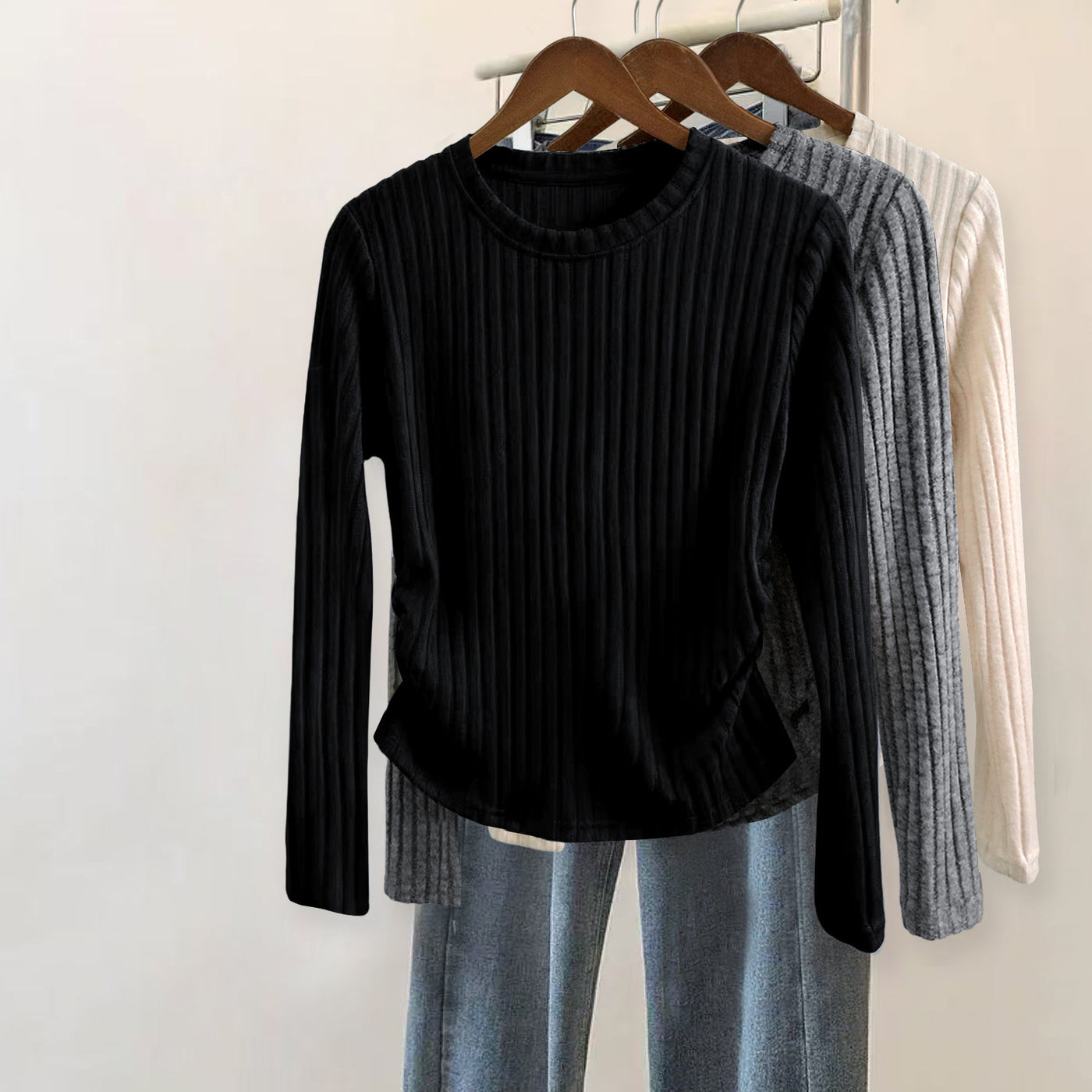 Damska prążkowana bluzka z długim rękawem | Komfortowa koszula z długimi rękawami