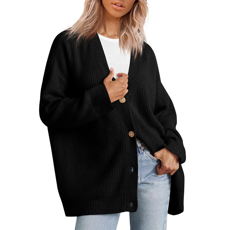 Gilet pour dames | Cardigan tricoté couleur crème avec col en V et boutons marron
