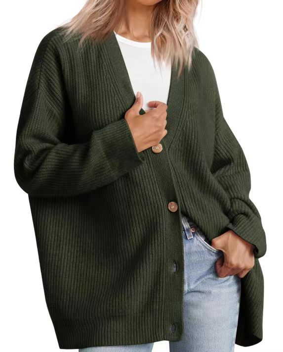 Gilet pour dames | Cardigan tricoté couleur crème avec col en V et boutons marron