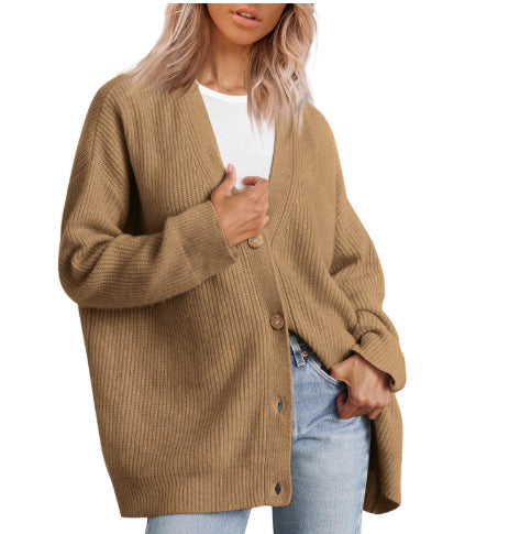 Gilet pour dames | Cardigan tricoté couleur crème avec col en V et boutons marron